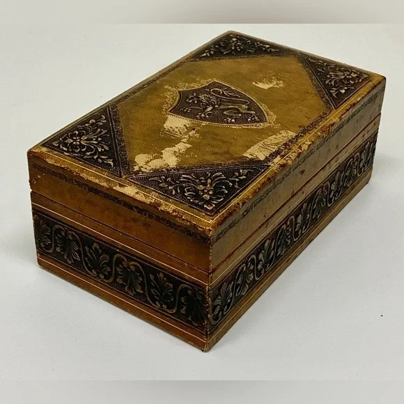 Mid Century Vintage Lion Crest Embosssed Embellished Leather Wood Jewelry Box